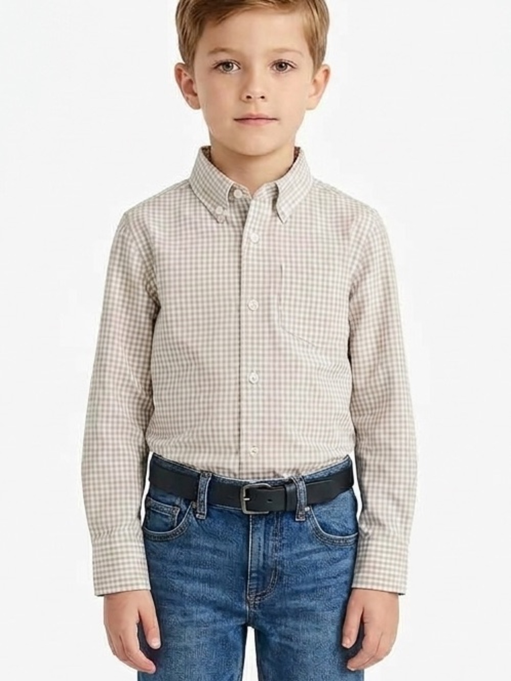 Crewcuts Boys Sz 7 Tan White Check Button-Down Shirt Gingham Neutral Nice School
